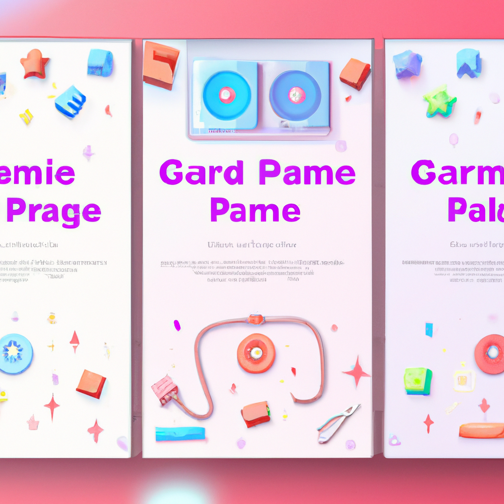 Feature collage: controls, HUD, pastel neon art